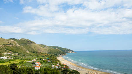 Sperlonga town, province of Latina, Lazio region. Panoramic of the beach from above.の写真素材
