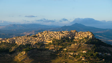 Sunset at Calascibetta, a small town in the province of Enna, Sicily.の写真素材