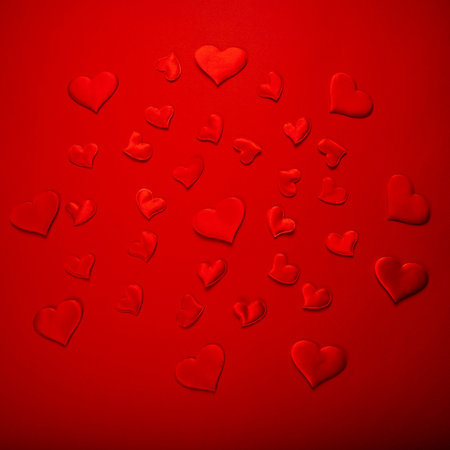 Red hearts on color background. Monochrome. Great design for Valentine's Day