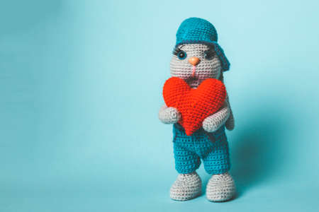 A knitted bunny in blue clothes holds a red heart in his hands.の写真素材