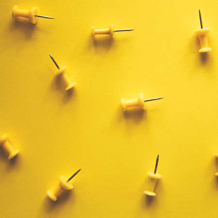 A lot of yellow paper clips lie on an monochrome background.の写真素材