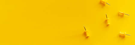 A lot of yellow paper clips lie on an monochrome background.の写真素材