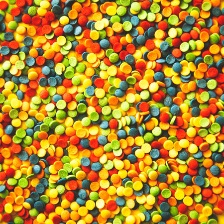 Colorful round candies are neatly scattered on a yellow background. Flat lay, top view