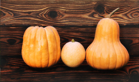 Three pumpkins on a wooden background. Happy Thanksgiving