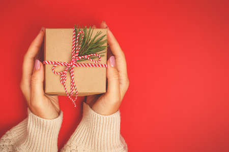 A Christmas gift in kraft paper, decorated with a coniferous branch in women's hands on a bright red background.の写真素材