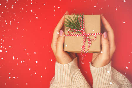 A Christmas gift in kraft paper, decorated with a coniferous branch in women's hands on a bright red background.の写真素材