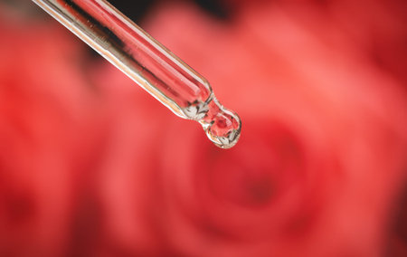 Cosmetic pipette on a pink rose background. A drop of oil falls from the pipette. Selective focus....