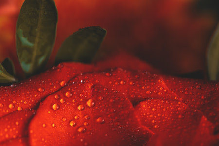 Red rose flower with drops on the petals. Taken with macro lens stacked.の写真素材