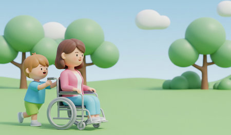 3d rendering of a mother and her daughter in a wheelchair in the parkの素材