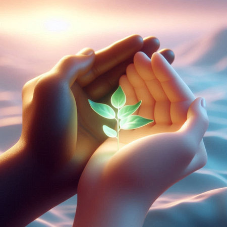 Human hands holding a green sprout in the form of a heartの素材