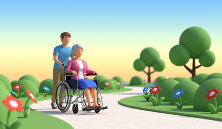 Elderly woman in a wheelchair with a caregiver. 3D renderingの素材