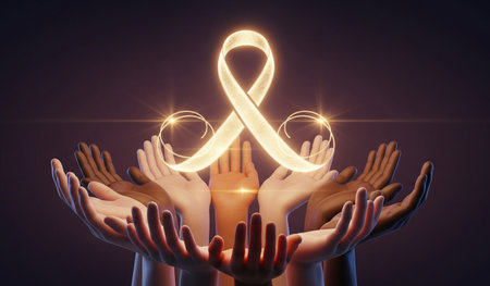 Hands with ribbon symbol of breast cancer awareness. 3D renderingの素材