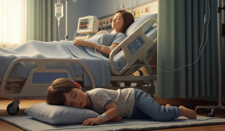 Sick boy lying on the bed in hospital ward. Health care conceptの素材