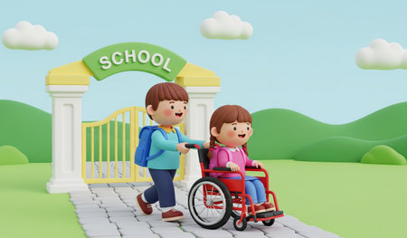 3D Render of a boy and a girl in wheelchair with school signの素材