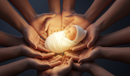 Hands holding a newborn baby on a dark background. 3d renderingの素材