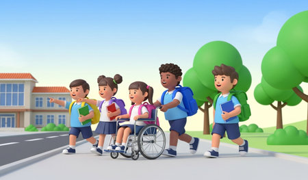 3D illustration of a group of children with disabilities in the parkの素材