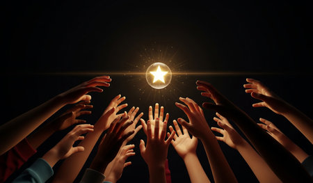 Hands of people reaching for a star on a dark background.の素材
