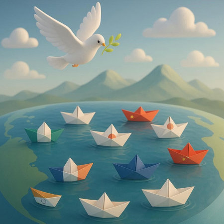 Paper boats and seagull on the planet. 3d illustrationの素材