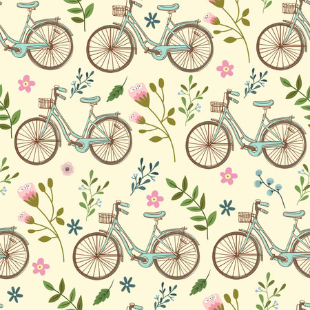 Retro bikes and flowers seamless background vector illustrationのイラスト素材