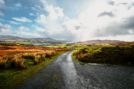 View over the beautiful landscapes and nature of Donegal in Ireland on a sunny dayの写真素材
