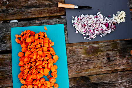 View from the top of a camping cooking scene with a knife and carrots and onions on a table
