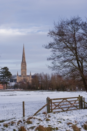 Salisbury cathedral in the snow.の写真素材