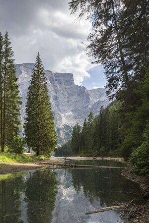 Lago di Braies in the Dolomites of Italy.の写真素材