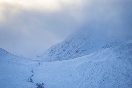Heavy snow in the Glen Garry area of the Scottish Highlands, UK.