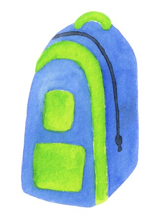 Watercolor illustration of school bag isolated on white background. Hand drawn sketch of green and blue colored backpack, side view. School related item. Back to school theme elementの写真素材