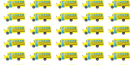 Seamless pattern with yellow school bus on white background. Back to school backdrop. Hand drawn transportation objects for kids or pupils. Textile or fabric templateの写真素材