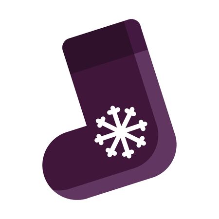 Vector illustration of purple christmas gift sock with a snowflake isolated on white background. New Year festive decorative object. Christmas eve flat icon. Gift, greeting card print template.の写真素材