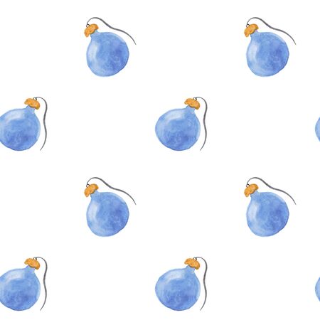 Seamless watercolor pattern with blue christmas ornaments. New year festive background. Template for fabric or wrapping paper print. Hand drawn illustration. Christmas tree decoration objects.の写真素材
