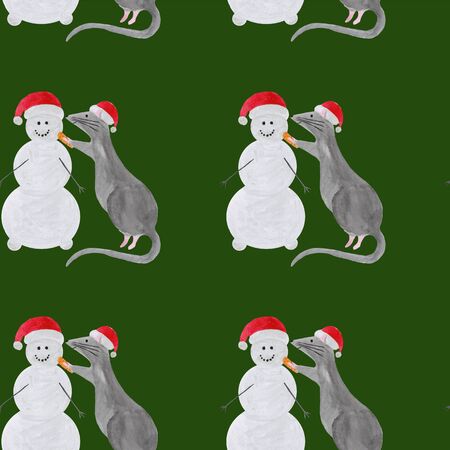 Seamless pattern with Christmas rat building snowman. Template for fabric, greeting card, calendar, wrapping paper print. New year festive hand drawn illustration of zodiac 2020 symbol animalの写真素材