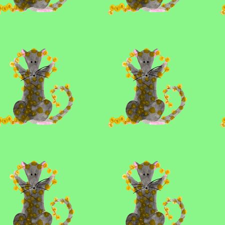 Seamless pattern with Christmas rat holding bright garland lights. Watercolor illustration of Zodiac animal on green background. New Year wrapping paper, fabric template. Hand drawn 2020 symbolの写真素材