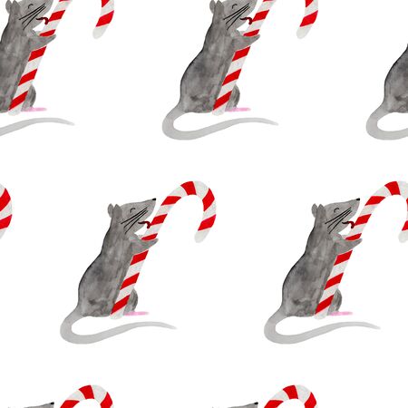 Seamless pattern with Christmas rat licking candy cane. Watercolor illustration of Zodiac rat on white background. New Year wrapping paper, fabric or textile template. Hand drawn 2020 symbol animalの写真素材