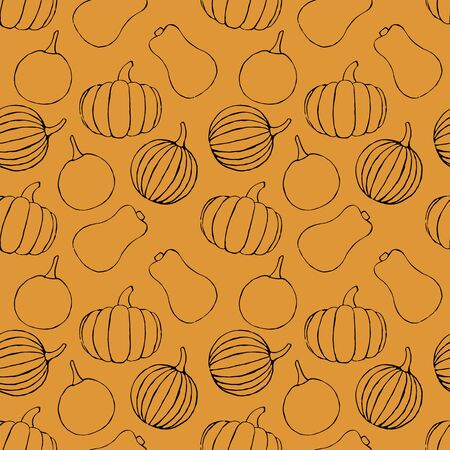 Vector seamless pattern with hand drawn outline pumpkins. Garden vegetable background. Template for fabric, wrapping paper, harvest festival or halloween decoration. Contour imageの写真素材