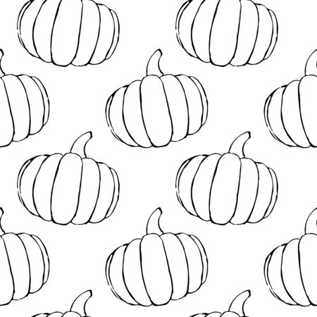 Vector seamless pattern with hand drawn outline pumpkins. Garden vegetable background. Template for fabric, wrapping paper, harvest festival or halloween decoration. Contour imageのイラスト素材
