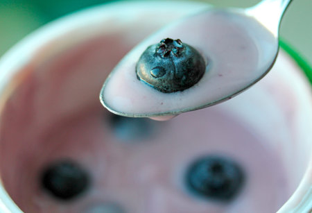 Blueberry yogurt with a spoon and fresh berry closeup. Healthy eating concept. Blurred background....