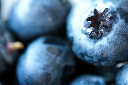 Background with fresh blueberries closeup. Blueberry macro photography. Organic berries of bright blue color. Template for banner, menu, food label, organic shop. Healthy eating. Blurred backgroundの写真素材