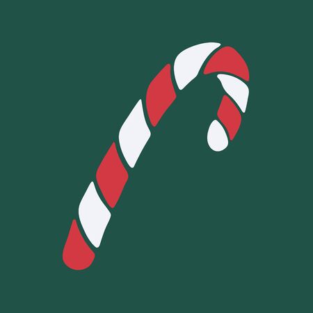 Vector hand drawn doodle illustration of sweet candy cane. New Year and Christmas red and white treat on dark green background. Design element, poster or greeting card templateの写真素材