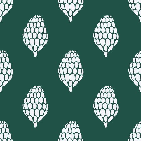 Seamless pattern with hand drawn doodle pine and fir conifer cones. Vector winter decoration with white drawing on dark green background. New Year and Christmas poster, textile, fabric print templateのイラスト素材