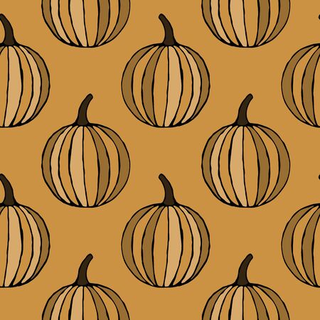 Vector seamless pattern with hand drawn outline pumpkins. Garden vegetable background. Template for fabric, wrapping paper, harvest festival or halloween decorationのイラスト素材