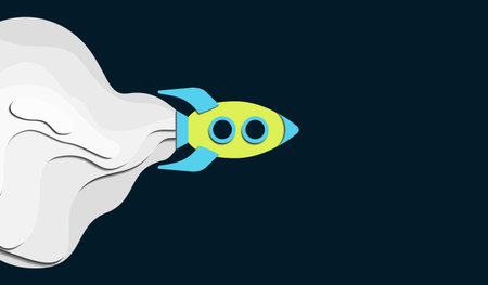 Spaceship vector illustration in paper cut style. Green rocket on dark night background with copy...