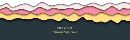 Abstract horizontal vector long banner in paper cut style with shadows and copy space for text. Paper art in trendy color layers, shape of waves. Realistic minmal layout template for websiteのイラスト素材