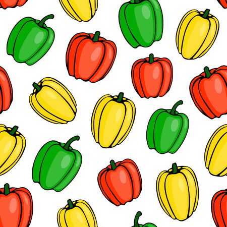 Vector seamless pattern with cartoon bell peppers. Template for kitchen textile and fabric. Sketch of farm and garden vegetable, harvesting seasonのイラスト素材