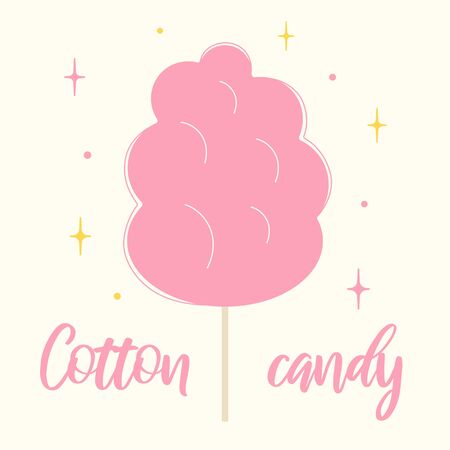 Cotton candy flat vector illustration. Pink sweets on wooden stick. Yummy treat for children offered in amusement or theme park.のイラスト素材