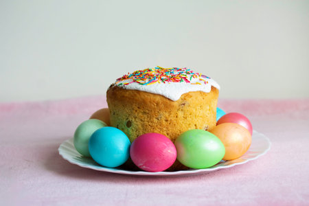 A plate with Easter eggs and cake.