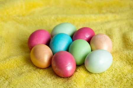 Colored Easter eggs. Traditional orthodox symbol. Spring celebration event.