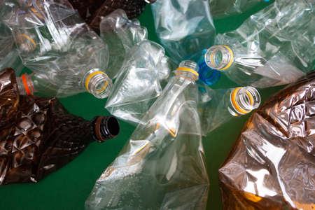 Empty squeezed plastic bottles ready for recyclingの写真素材