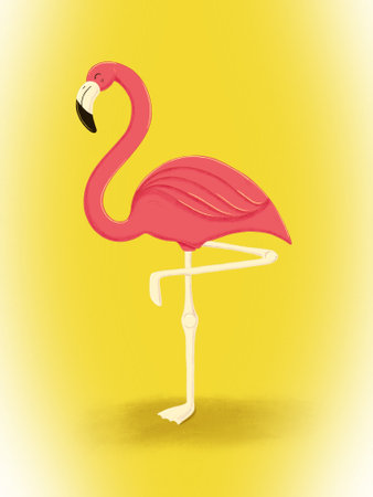 Cute pink flamingo bird standing on one leg, eyes closedの写真素材